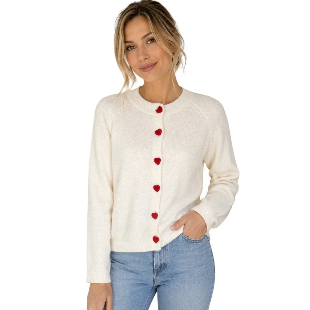Jessica Simpson White Red Heart Buttons Cardigan Sweater Coquette Preppy M NWT‎